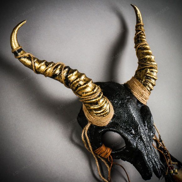 Antelope Devil Animal Skull with Gold Impala Horns Masquerade Mask - Black - Picture 7 of 10